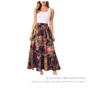 Boho Retro Patchwork Maxi Skirt M Pull-On Elastic Waist Gypsy 80s